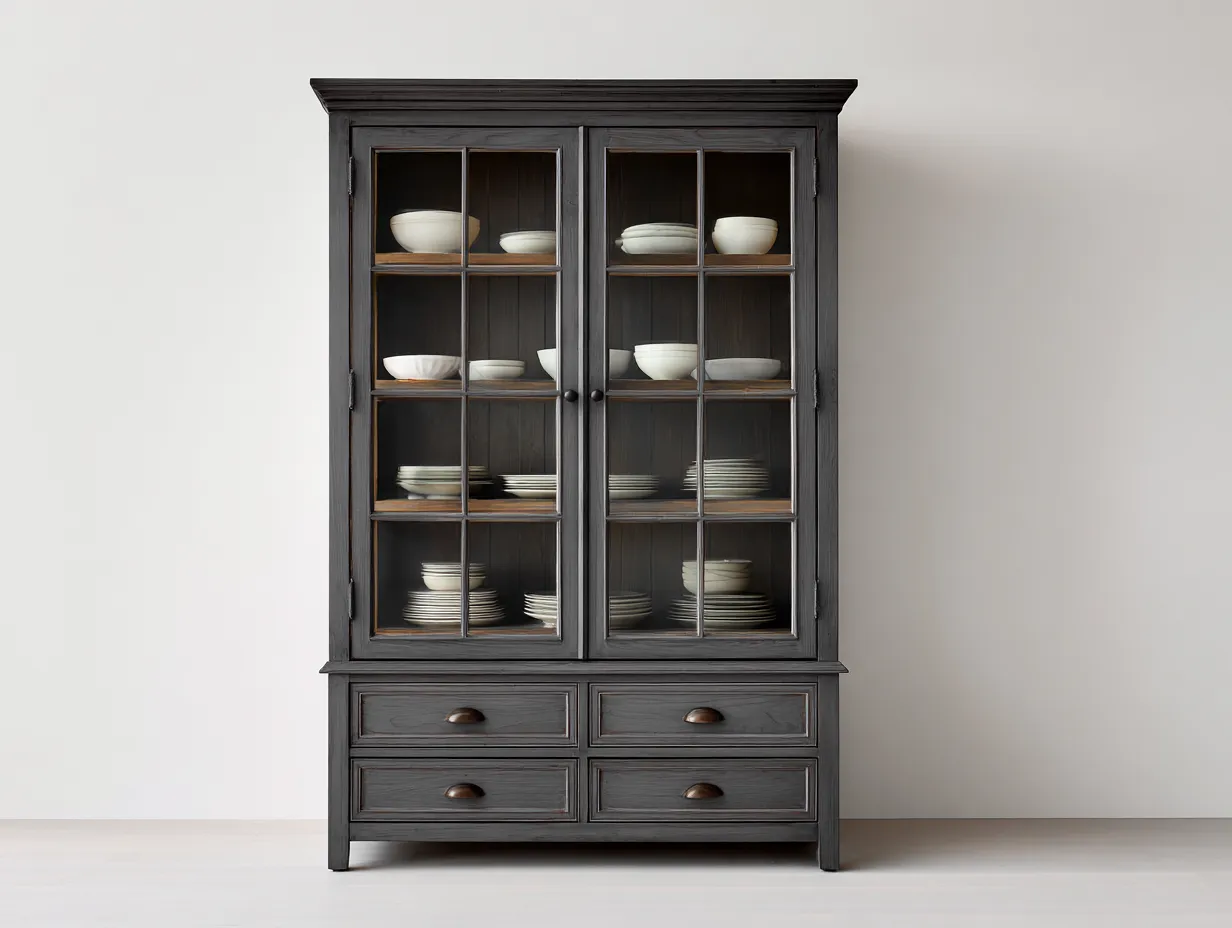 Vitrinen-Holz-Glas-116 x 43 x 198 cm-Dunkelgrau-Rustikaler Landhausstil-Luxegobase