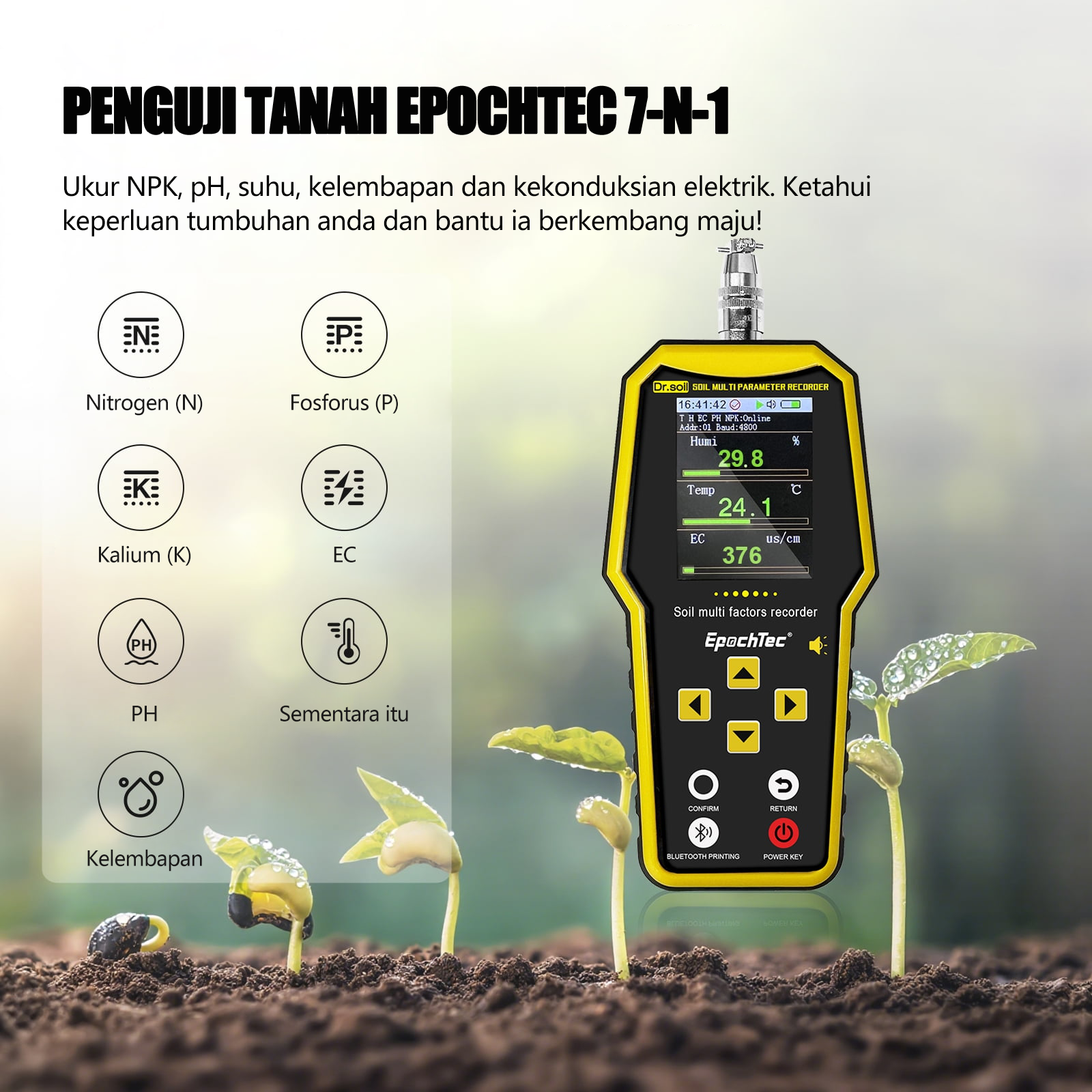 Penguji Tanah 7 dalam 1, Penguji NPK, Meter pH Tanah Mudah Alih, Meter Suhu, Kekonduksian, Kelembapan dan EC, sesuai untuk aplikasi petrokimia dan pertanian.