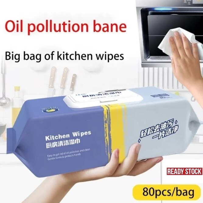 80pcs Kitchen Cleaning Wipes Strong Decontamination Kitchen Wet Wipes Degreasing Lap Pembersih Dapur