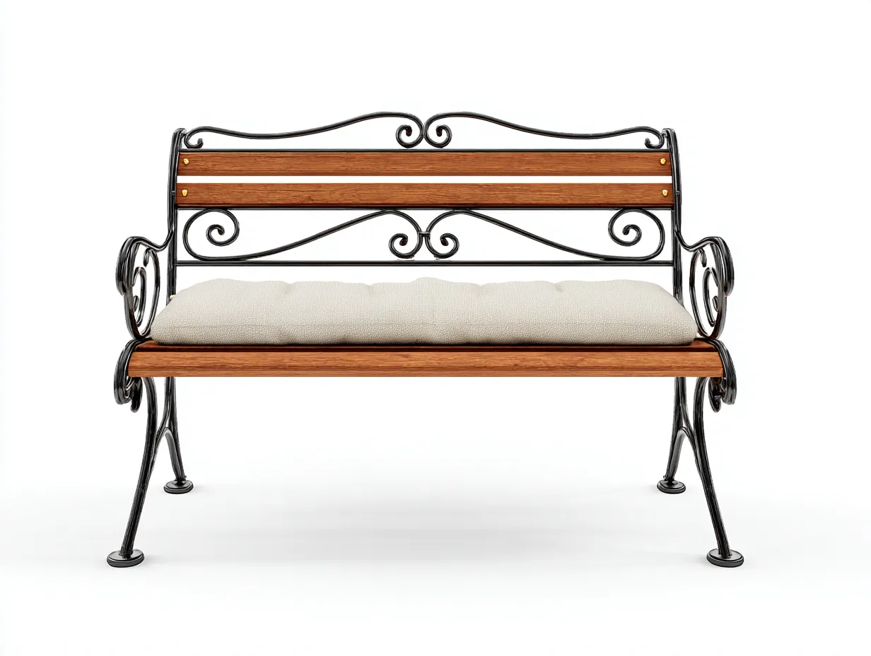 Gartenbank - Metall-Holz-Stoff - 132 x 64 x 91 cm - Schwarz-Naturbraun-Beige - Klassischer Vintage-Stil-Havenuphub