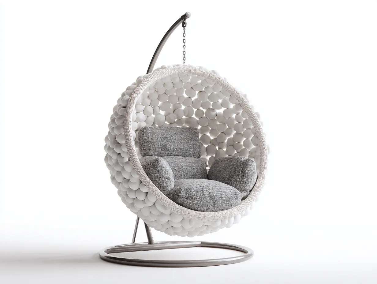 Hängesessel für Garten - Naturstein-Metall-Textil - 108x102x206 cm - Weiß-Grau-Silber - Modernes Design-Havenuphub