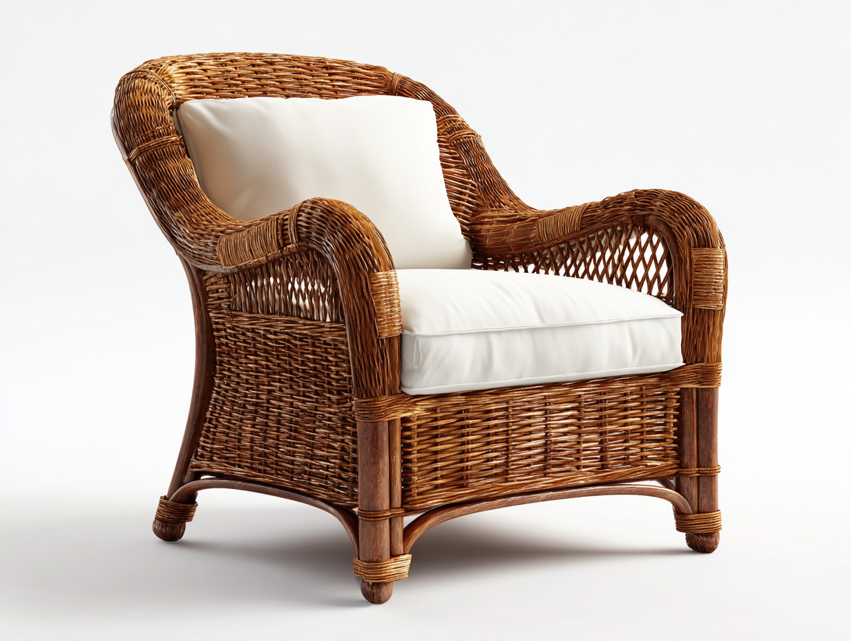 Sillón de ratán natural 85x75x90 cm marrón beige con cojín para jardín estilo clásico-Havenmyhub