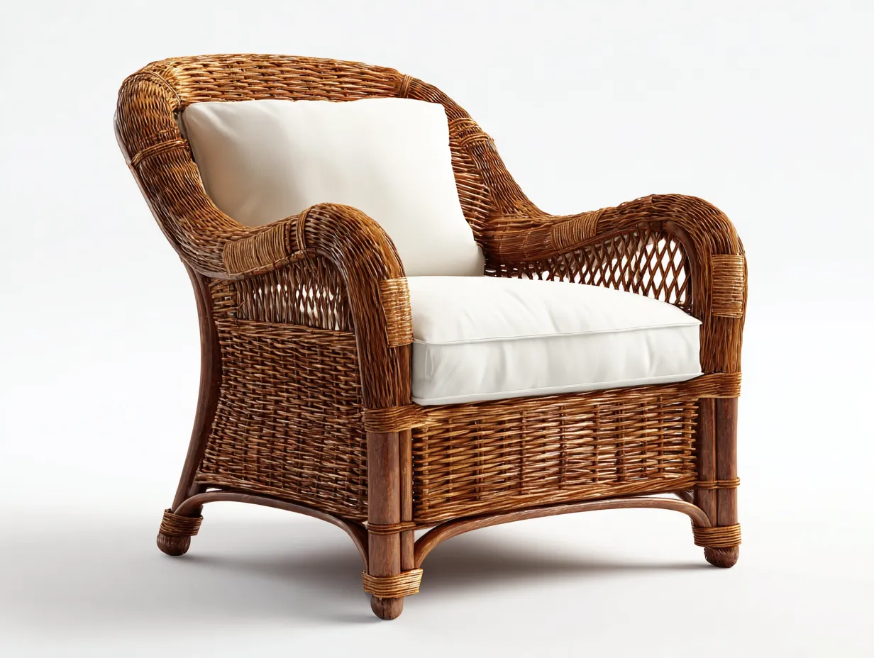 Sillón de ratán natural 85x75x90 cm marrón beige con cojín para jardín estilo clásico-Havenmyhub