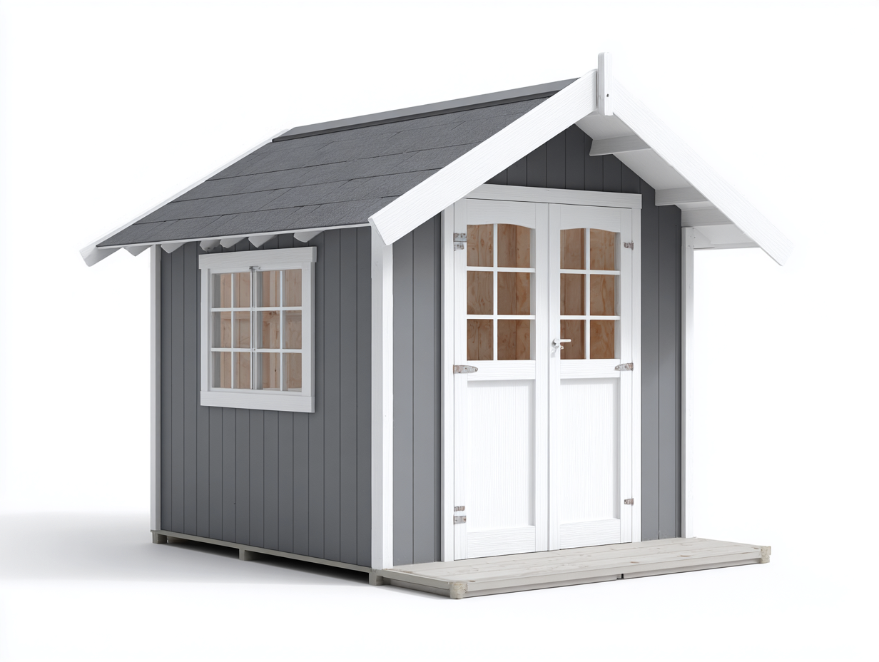 Caseta de jardín madera 200x150x210 cm gris blanco con puertas dobles y ventana para exterior estilo moderno-Havenmyhub