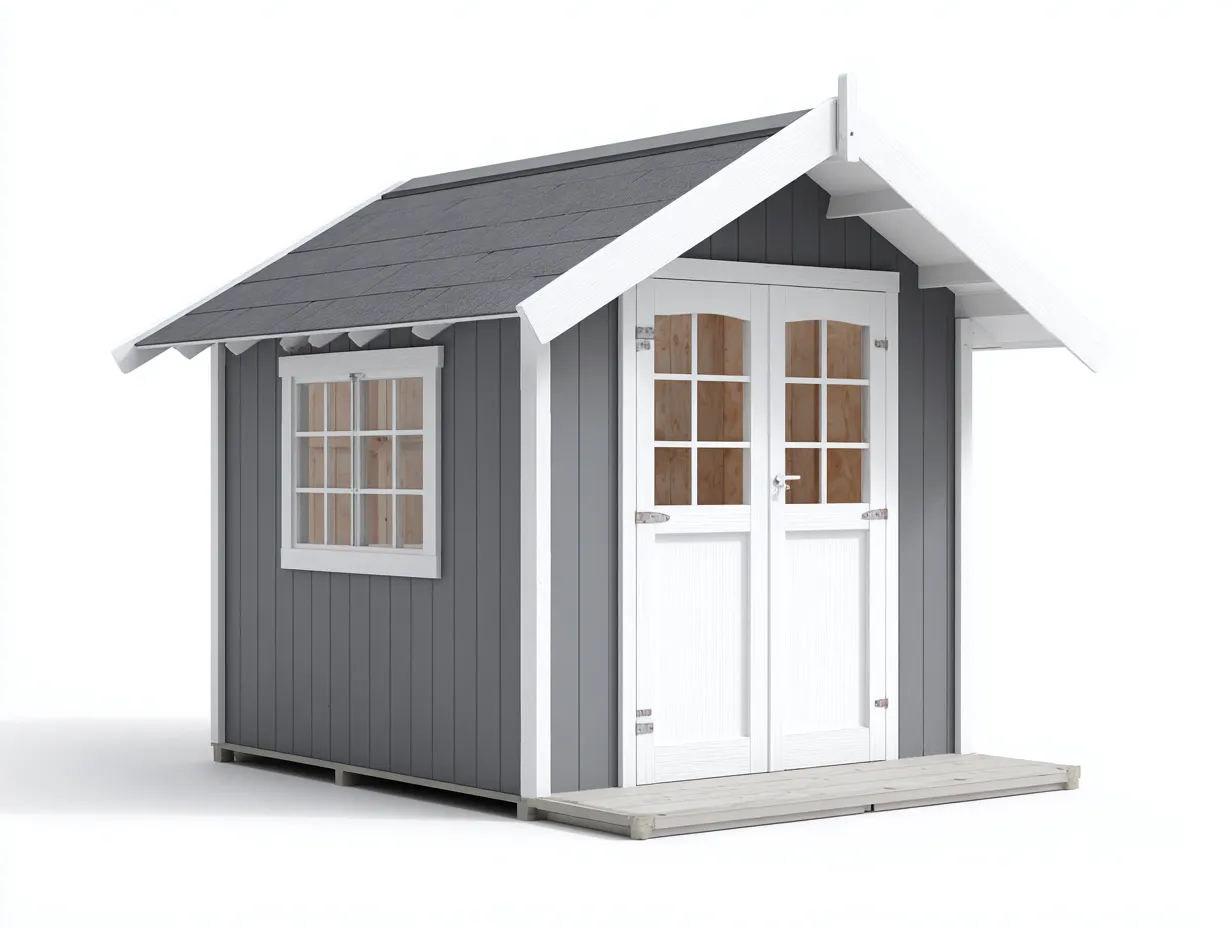 Caseta de jardín madera 200x150x210 cm gris blanco con puertas dobles y ventana para exterior estilo moderno-Havenmyhub