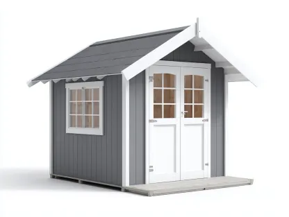 Caseta de jardín madera 200x150x210 cm gris blanco con puertas dobles y ventana para exterior estilo moderno-Havenmyhub
