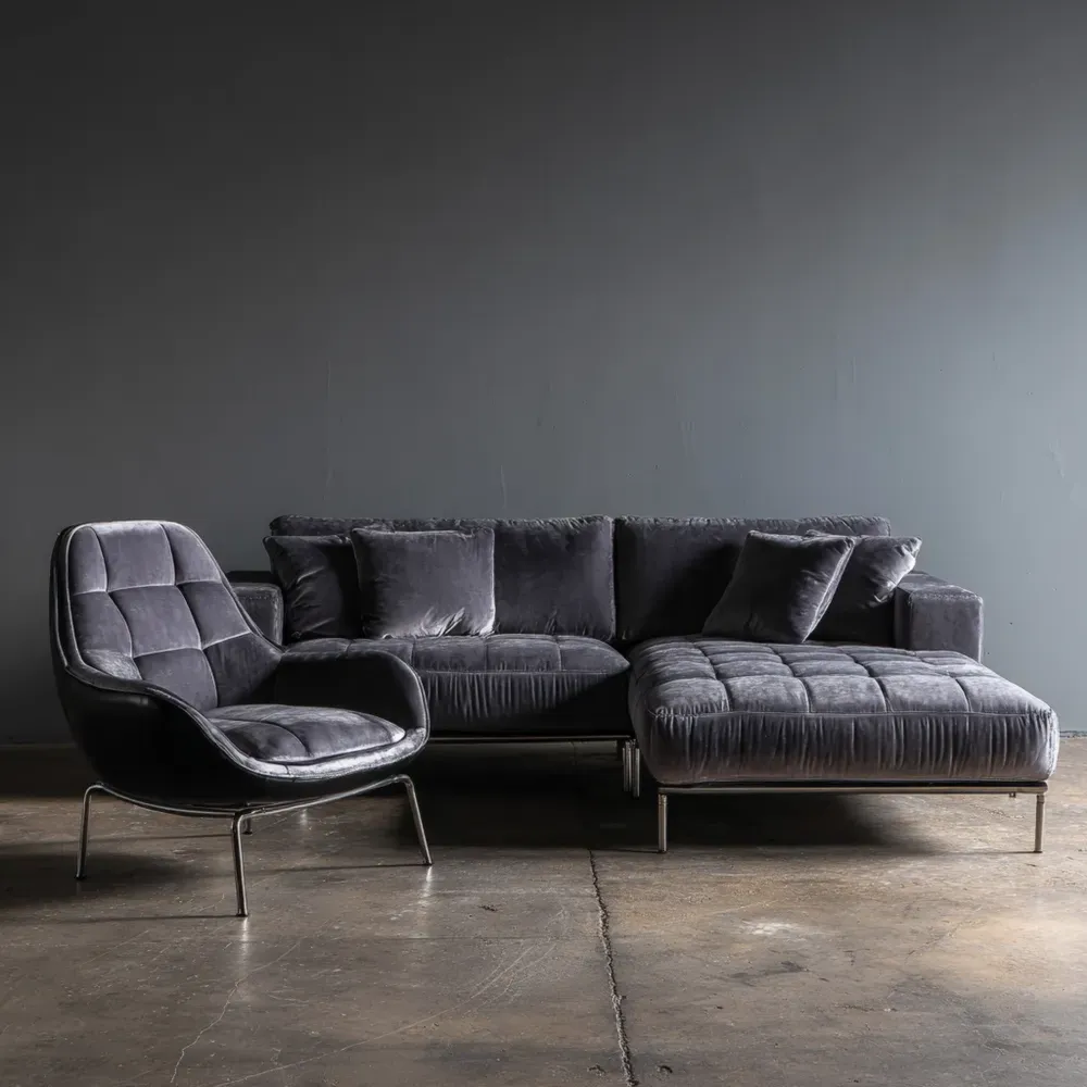 Samt Ecksofa und Sessel Set mit Metallrahmen - Dunkelgrau