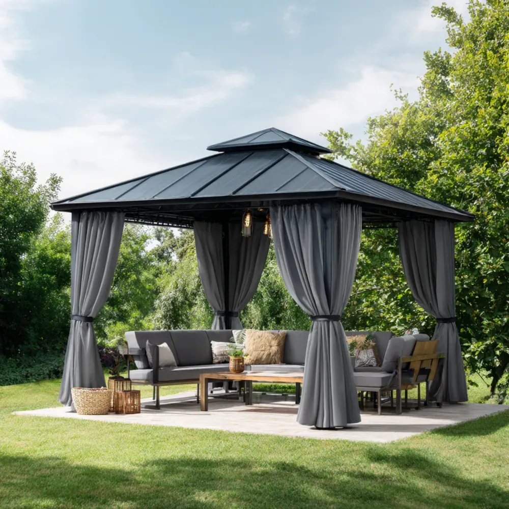 Gartenpavillon mit Aluminiumrahmen und Polyester-Vorhängen – Anthrazit