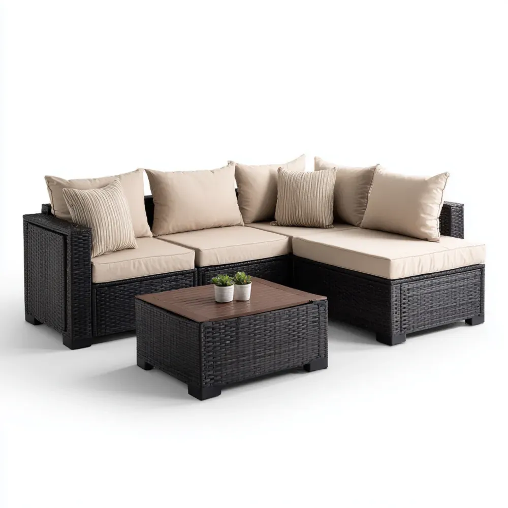 Polyrattan Ecksofa Set mit Tisch - Schwarz und Beige