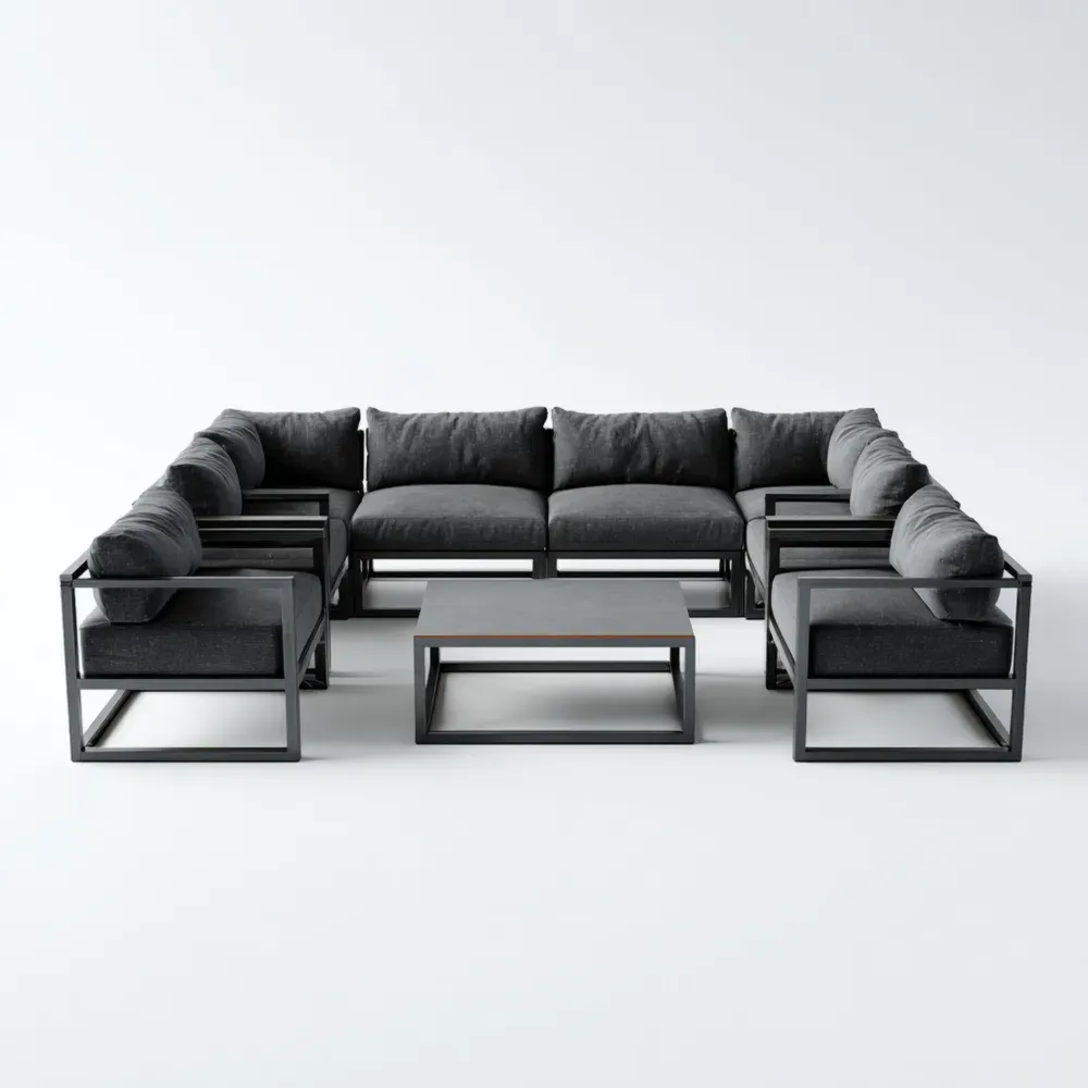 Modulares Gartensofa-Set mit Metallrahmen und Stoffbezug in Dunkelgrau