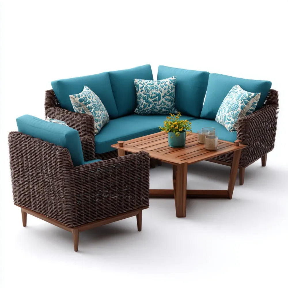 4-teiliges Rattan Gartensofa-Set mit Teakholztisch - Braun/Blau