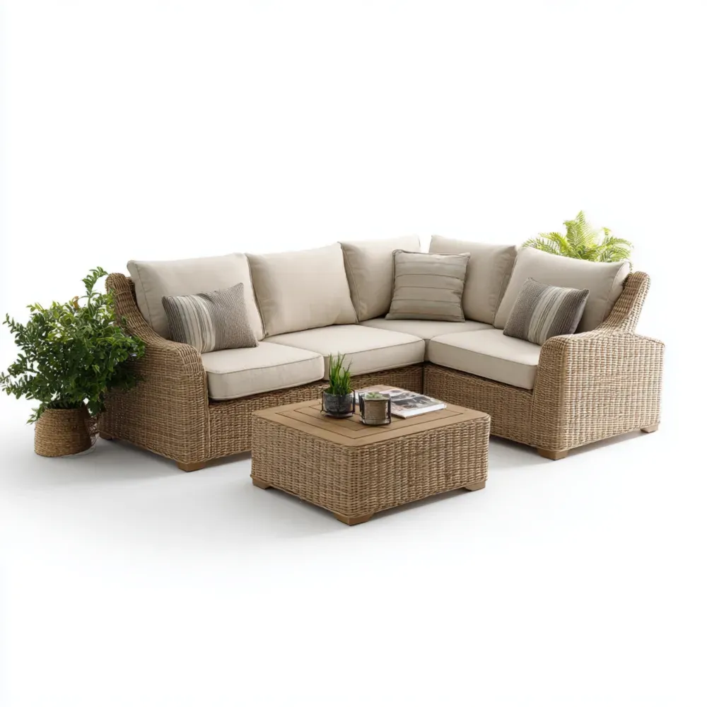 Rattan Ecksofa-Set mit Kissen Beige