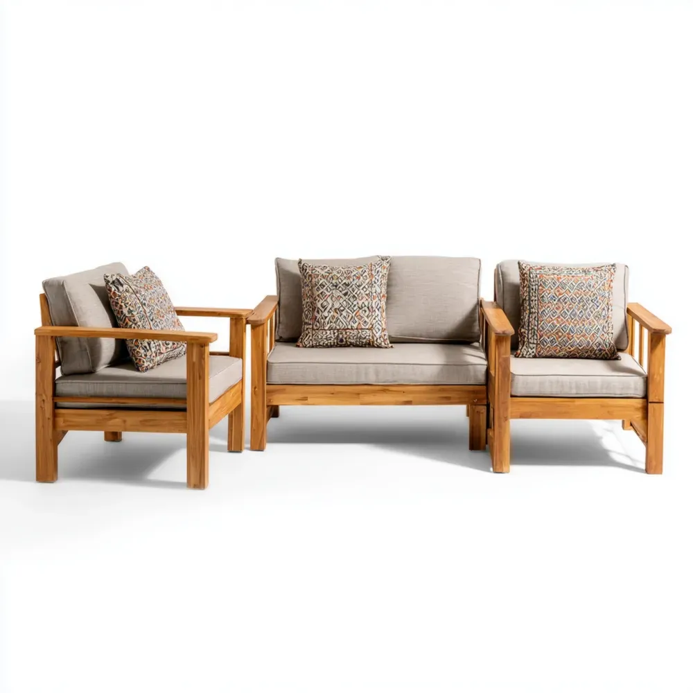 Teakholz Gartenmöbel-Set: 3-Sitzer Sofa und 2 Sessel – Beige