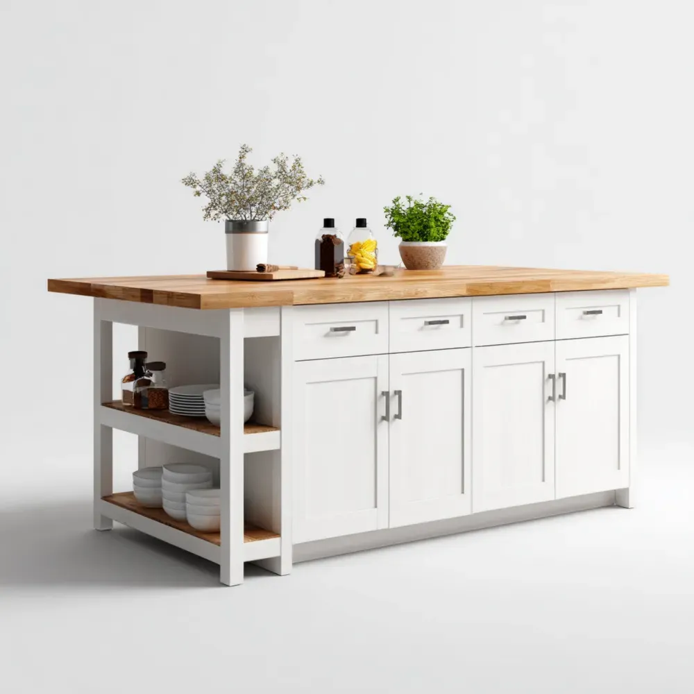 Kücheninsel aus Holz mit Schubladen und Regalen - Weiß mit Eichenholzplatte