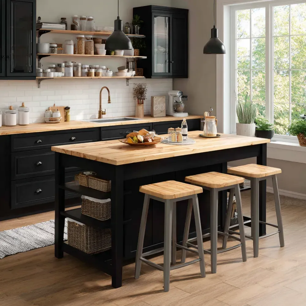 Küchentheke Set aus Holz und Metall – Schwarz/Natur