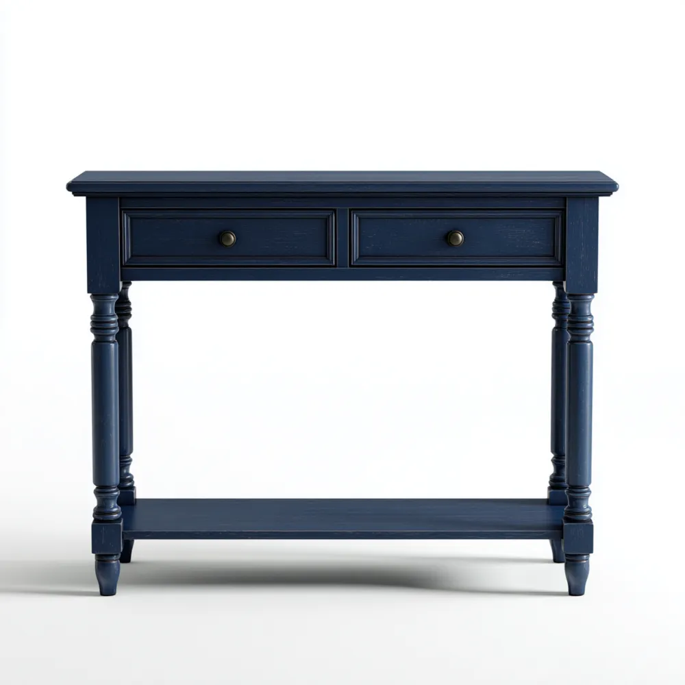 Mesa Consola Madera 100x30x80 cm con 2 Cajones - Azul Marino - Estilo Clásico