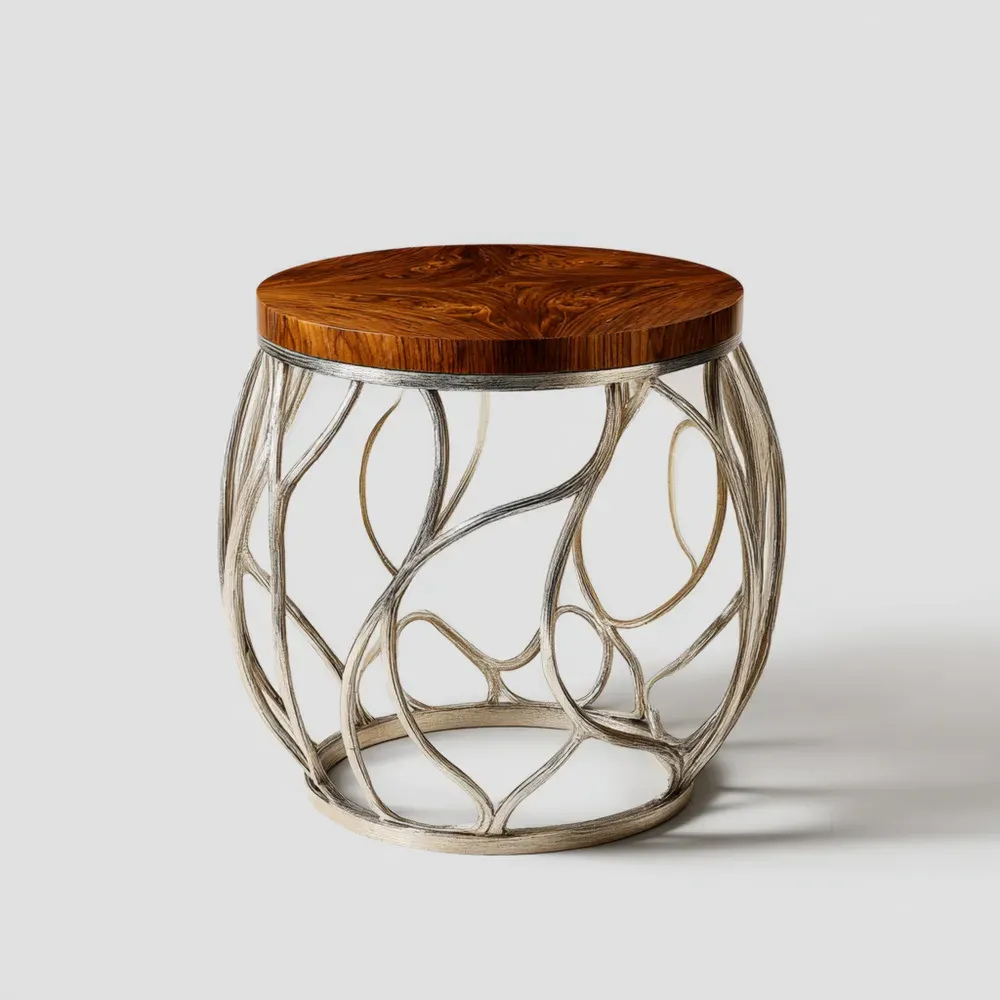 Mesa Auxiliar Redonda Metálica 45x45x50 cm – Marrón/Plata – Diseño Artístico