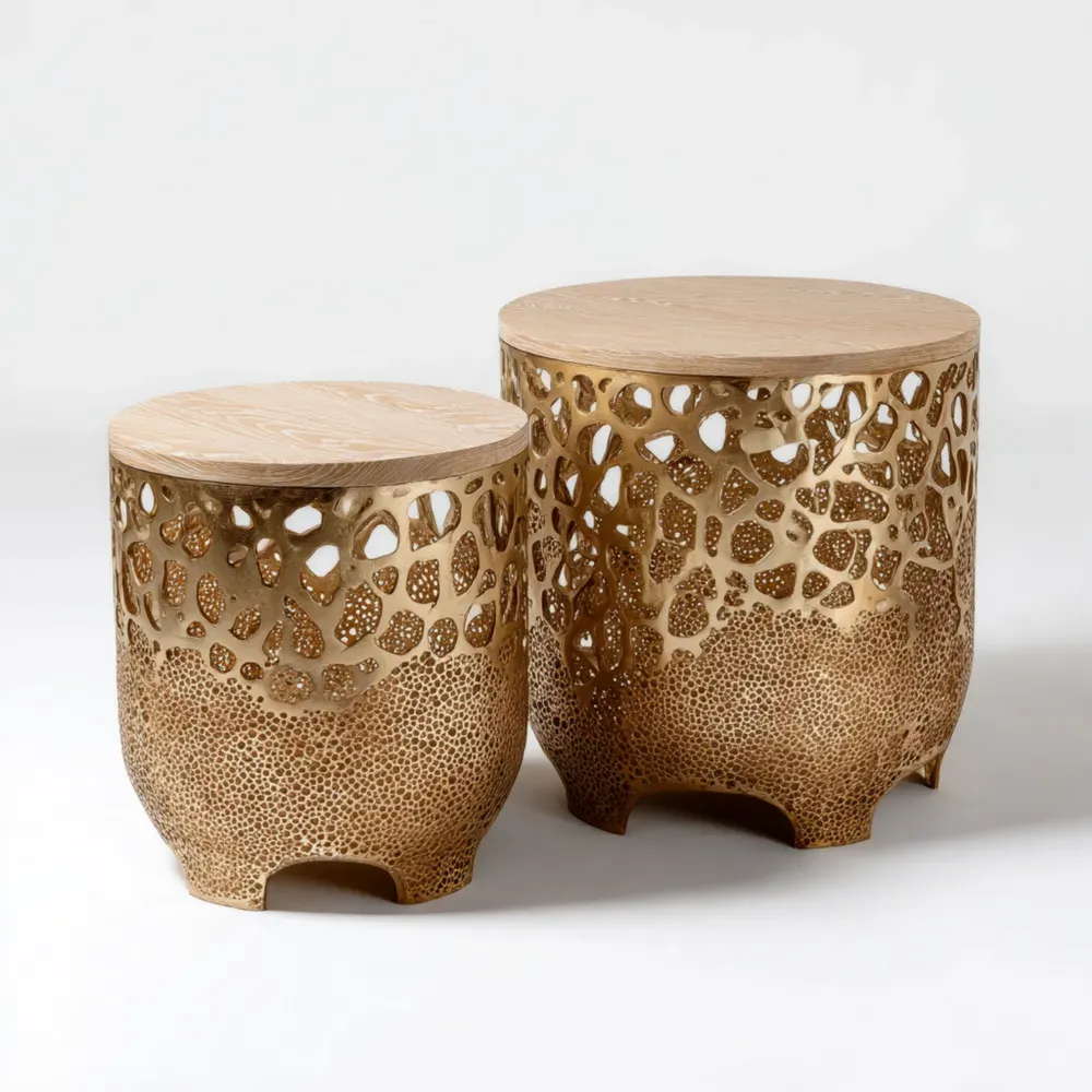 Set de Mesas Auxiliares de 2 Piezas 40x50/35x40 cm - Dorado Madera - Diseño Artístico