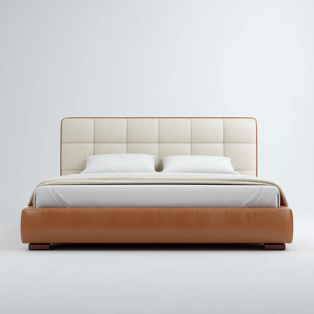 Cama Doble Tapizada en Cuero 180x200x100 cm - Beige/Marrón - Diseño Moderno-Lumviy