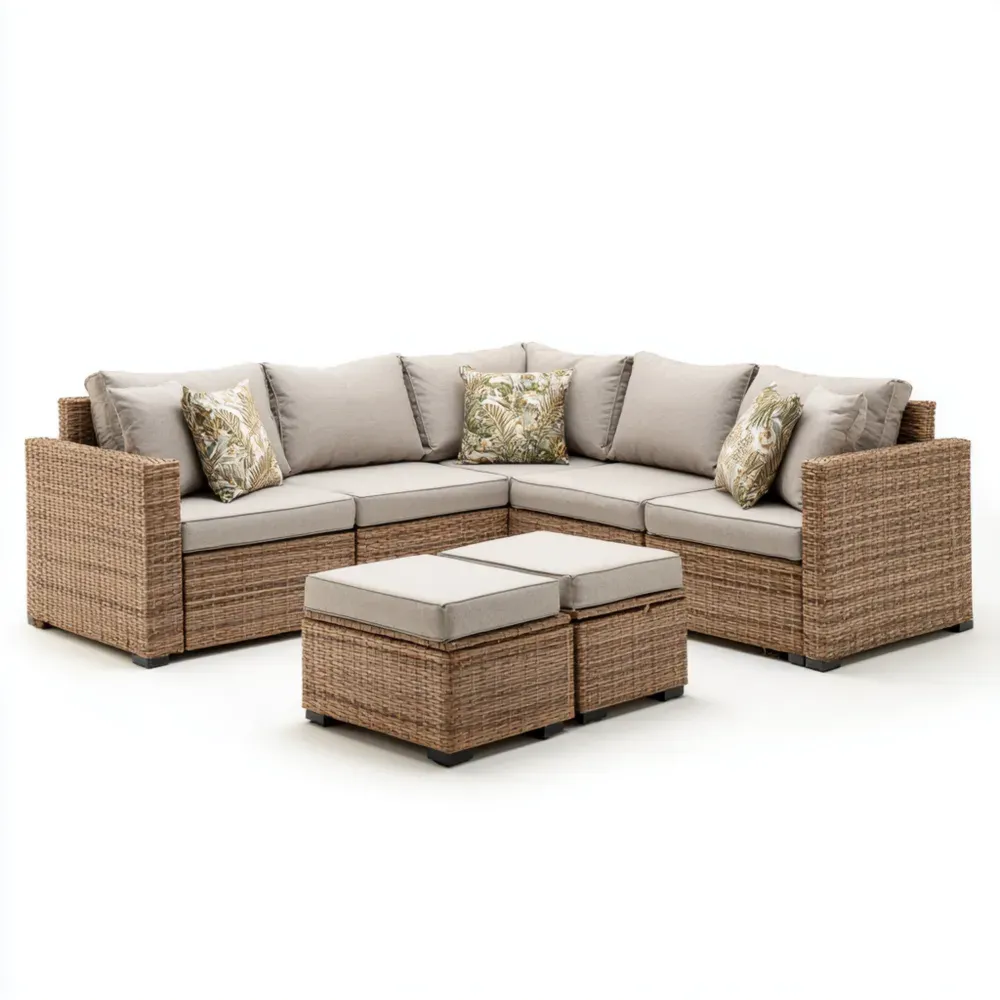 Conjunto de Sofá Modular de Ratán Sintético 210x75x70 cm con Cojines Color Beige - Diseño Moderno para Exteriores-Lumviy