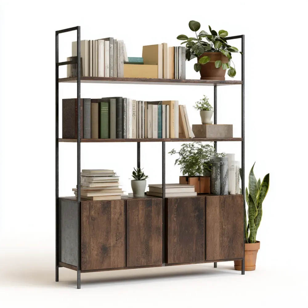 Estantería de Madera y Metal - 180x120x40 cm - Marrón Oscuro - Diseño Industrial-Lumviy