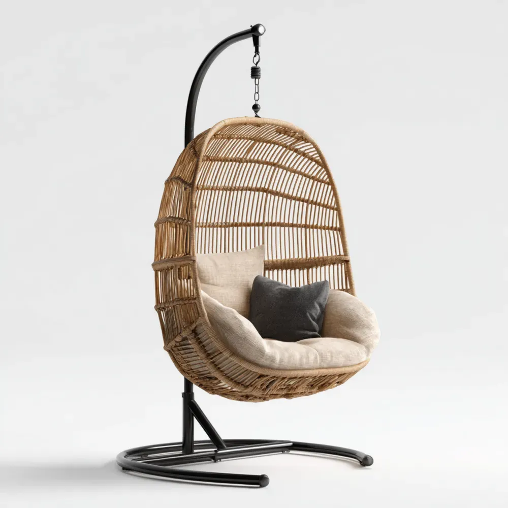 Silla Colgante de Ratán con Cojín Beige – 95x95x195 cm – Diseño Moderno-Lumviy