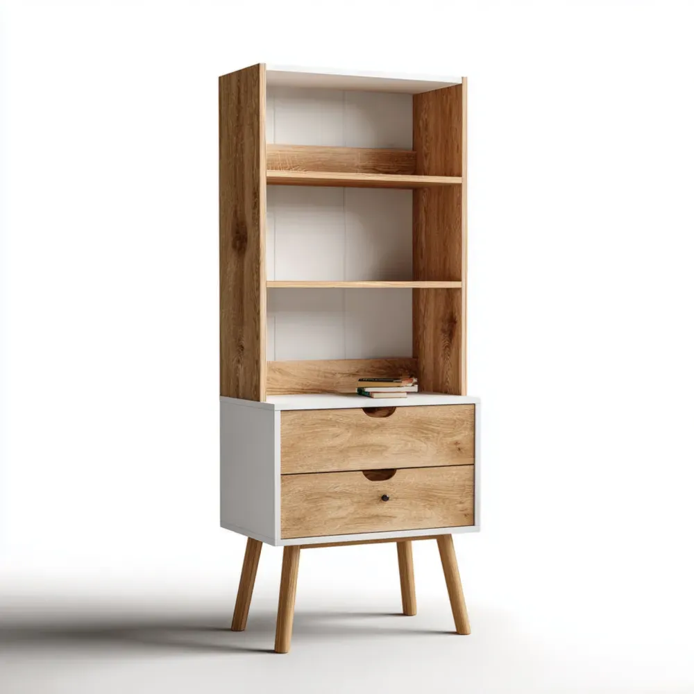 Estantería de Madera con Cajones 150x60x30 cm – Blanco/Natural – Diseño Escandinavo-Lumviy