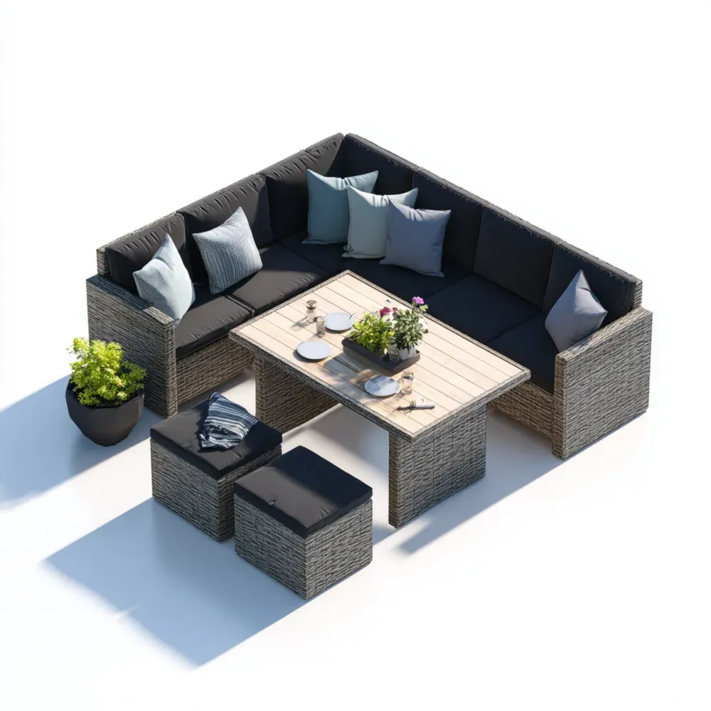 Conjunto de Sofá Modular para Patio Ratán Sintético 200x200x75 cm - Negro/Gris-Lumviy