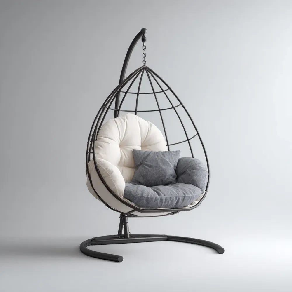 Silla Colgante de Metal 100x100x200 cm con Cojines - Beige/Gris - Diseño Moderno-Lumviy