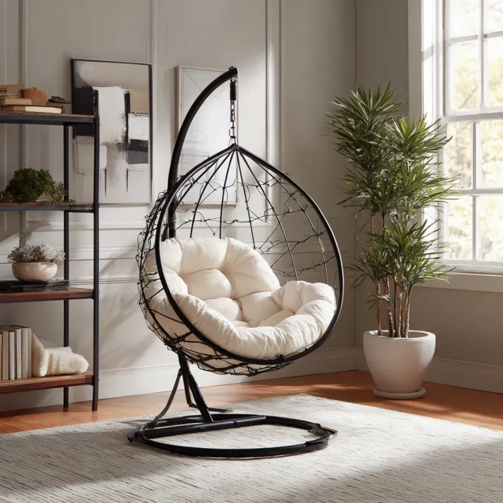 Silla Colgante de Jardín - Estructura Metálica con Cojín Beige - 95x95x195 cm-Lumviy