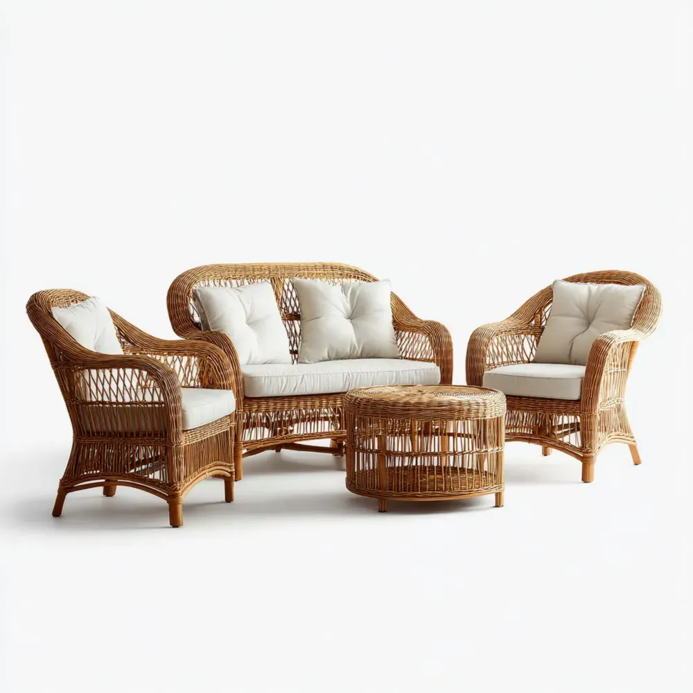 Conjunto de Sofás de Jardín de Ratán Natural 145x85x75 cm con Cojines Blancos-Lumviy