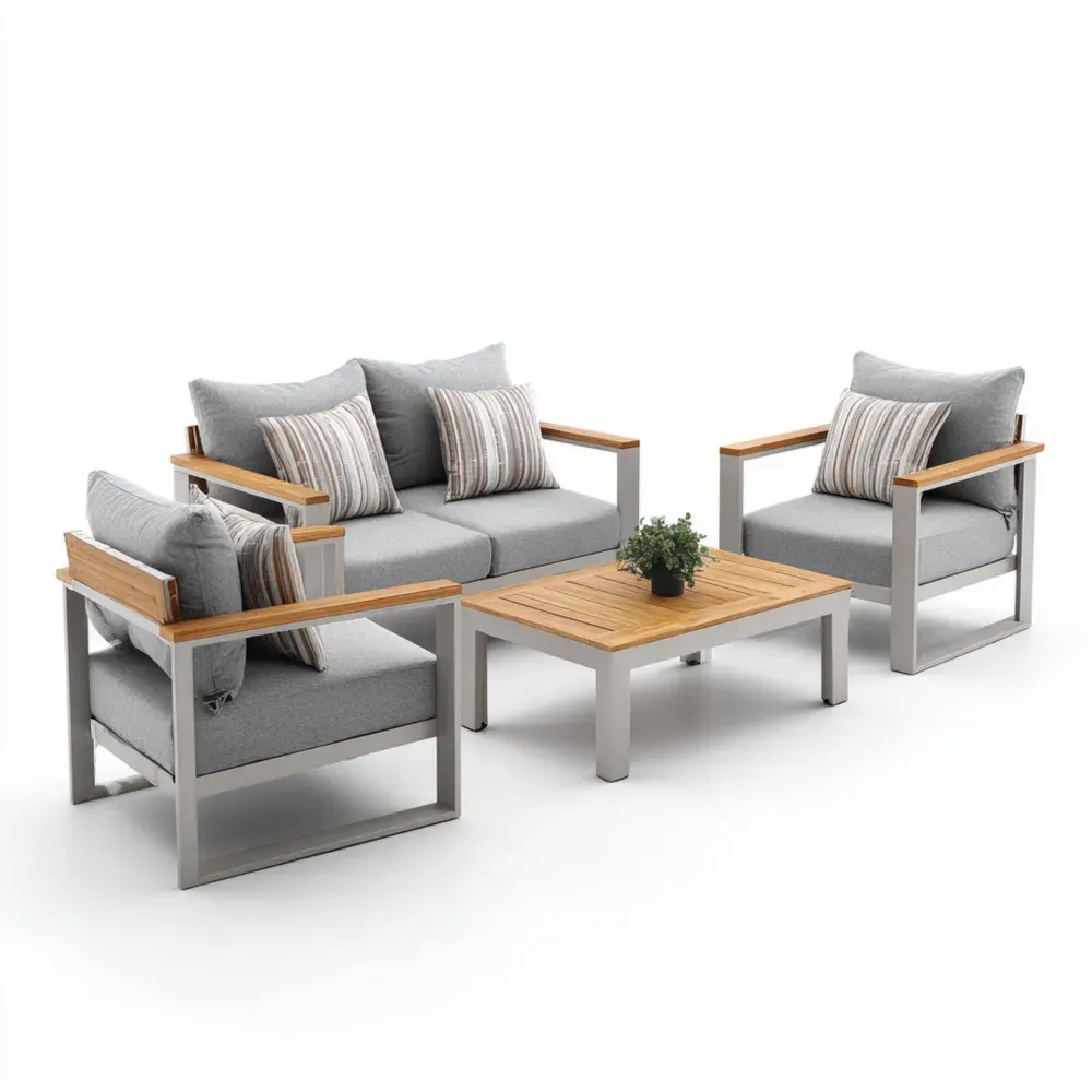 Conjunto de Sofás de Jardín 140x80x75 cm Aluminio Madera Tejido Gris – Diseño Moderno-Lumviy
