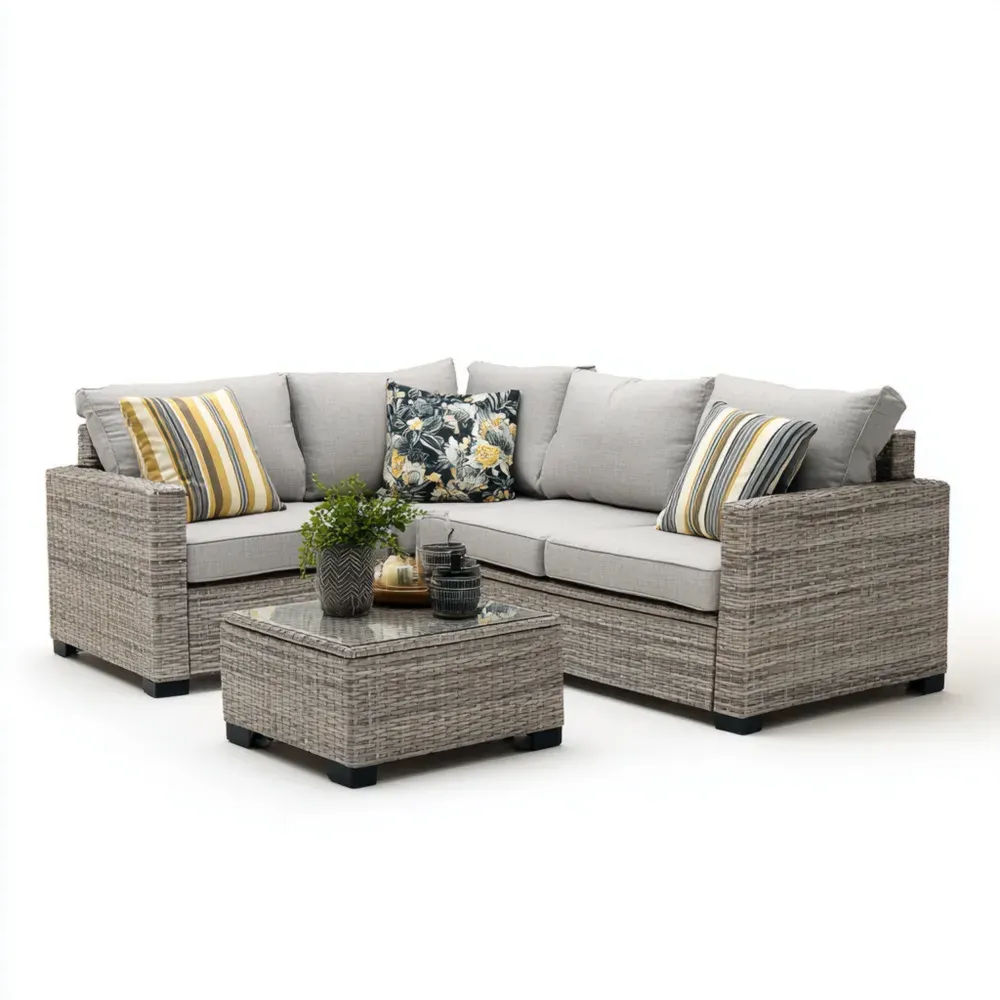 Conjunto de Sofás de Jardín Ratán Sintético 210x75x65 cm Cojines Grises – Estilo Moderno-Lumviy