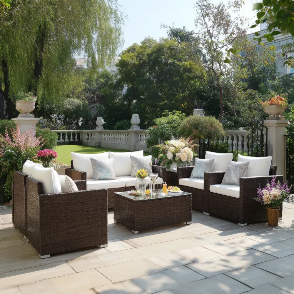 Conjunto de Sofá de Jardín de Ratán con Cojines Blancos – 250x75x70 cm – 4 Plazas-Lumviy