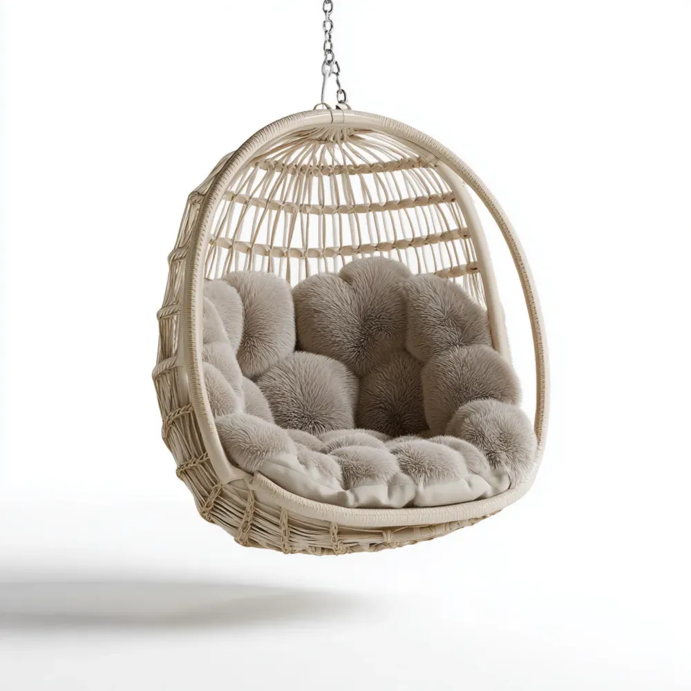 Silla Colgante de Ratán con Cojín Acolchado 100x120x60 cm - Beige - Estilo Bohemio-Lumviy