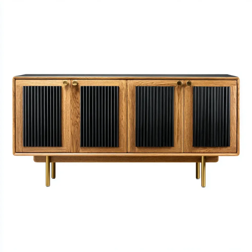 Aparador de madera con puertas acanaladas - 120x40x75 cm - Roble/Negro-Finehomly