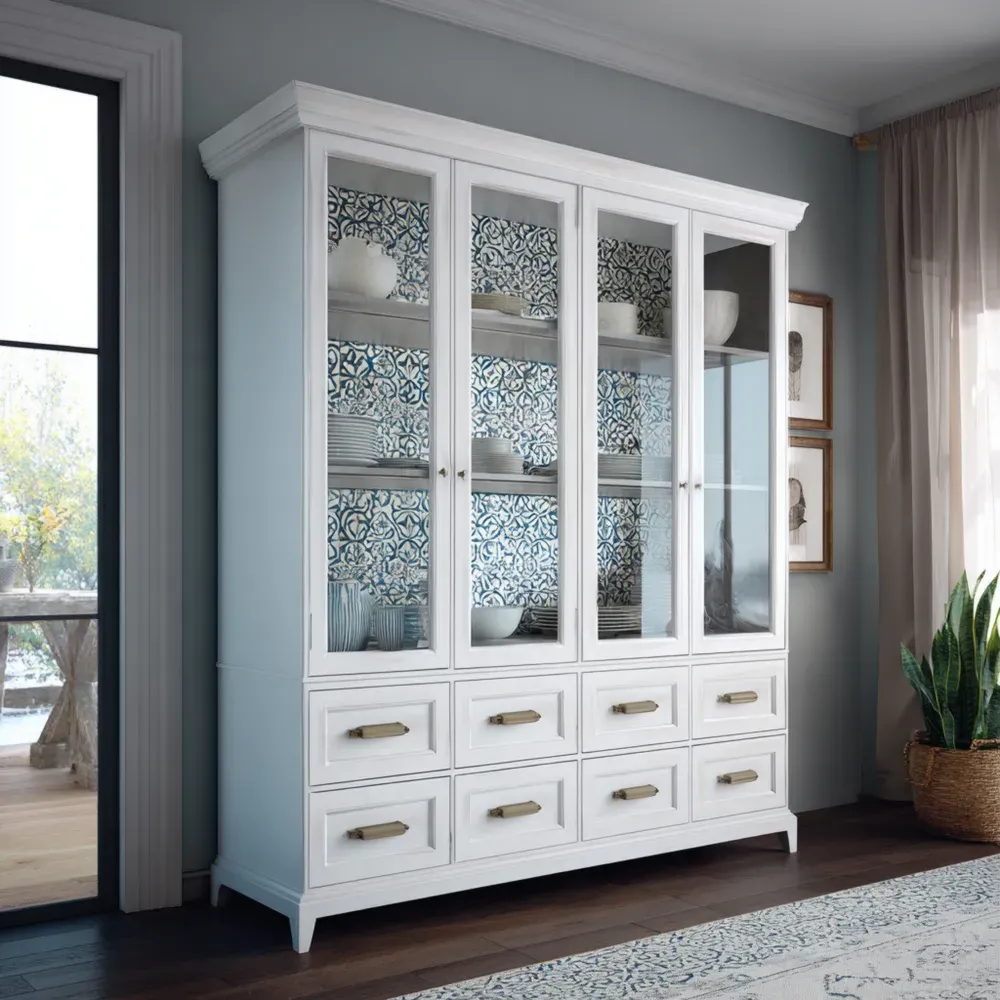 Armario de Comedor de Madera y Vidrio 200x180x45 cm - Blanco - Estilo Clásico-Finehomly