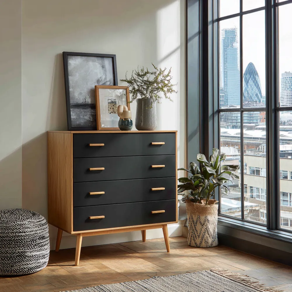 Cómoda de madera 4 cajones 90x80x40 cm - Negro/Madera-Finehomly