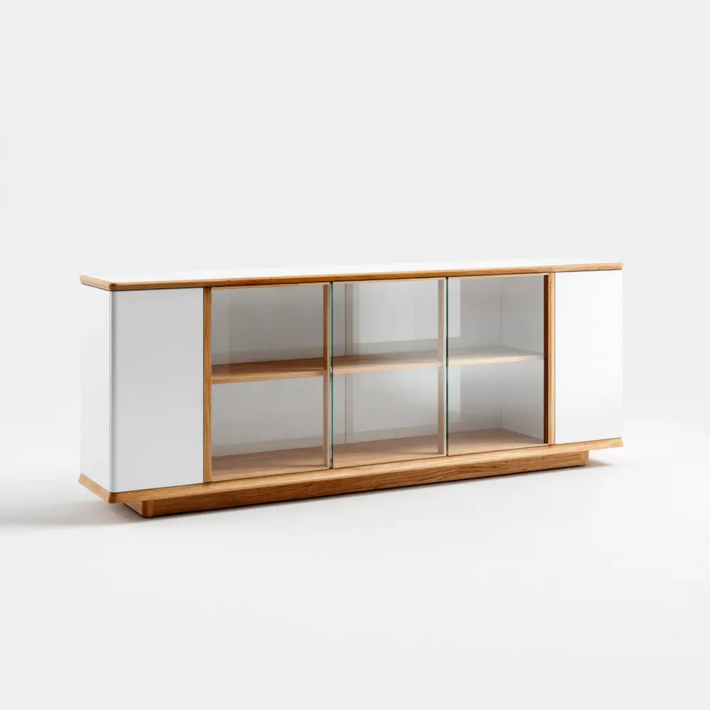 Aparador de Madera/Vidrio 200x35x80 cm - Blanco/Natural - Estilo Moderno-Finehomly