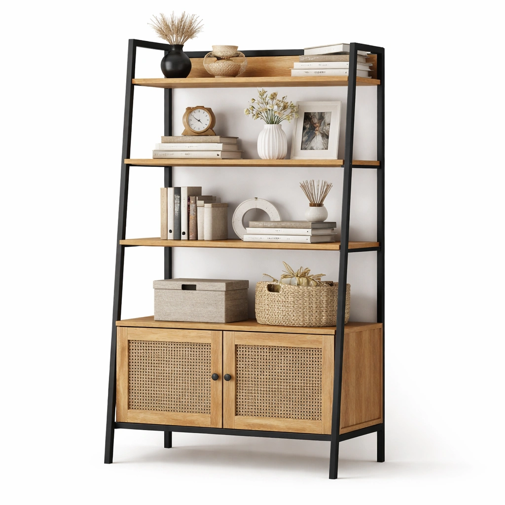 Bibliothque industrielle bois et mtal 5 niveaux avec portes rotin-drovaryn