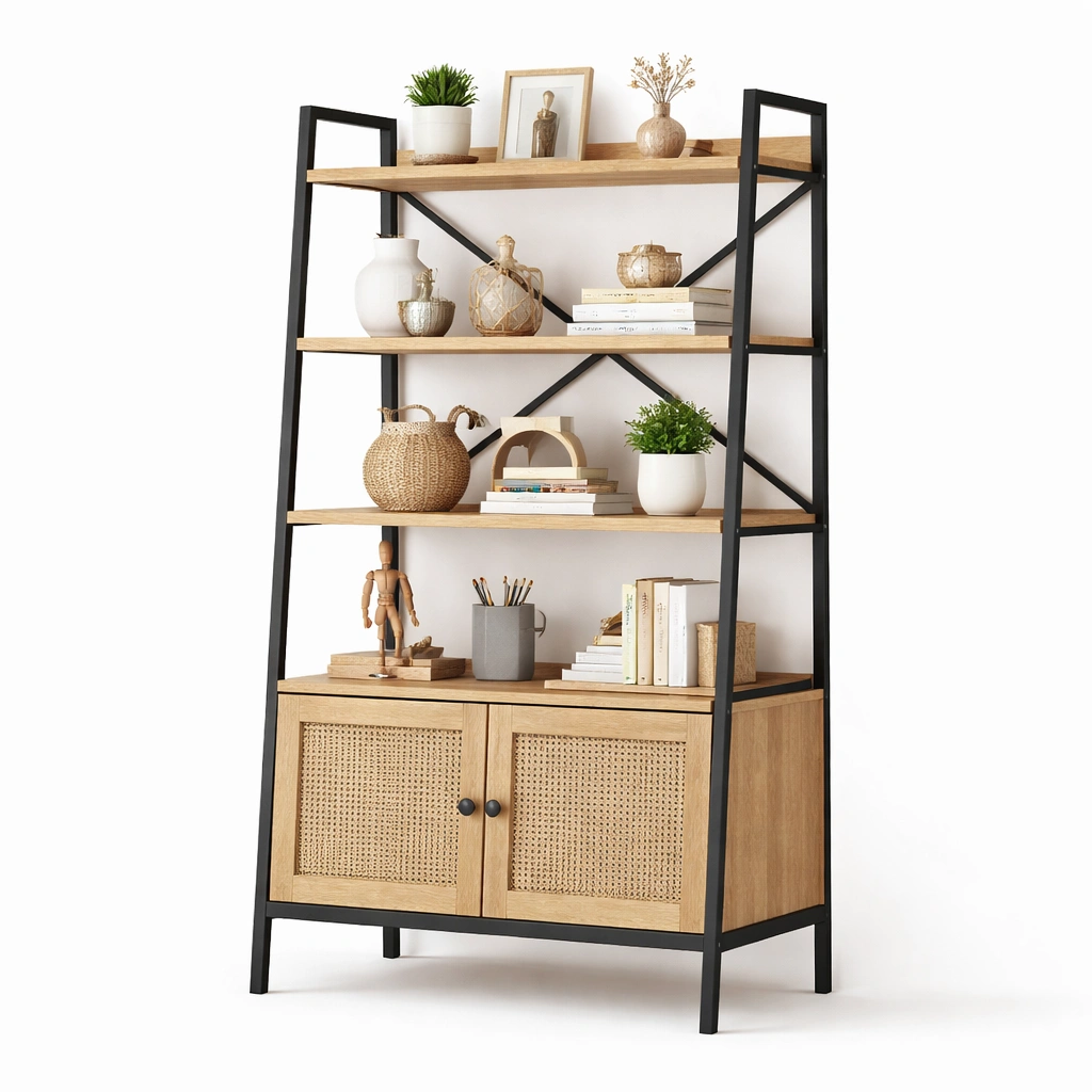 Bibliothque industrielle bois avec croisillons mtal et rangement bas-drovaryn