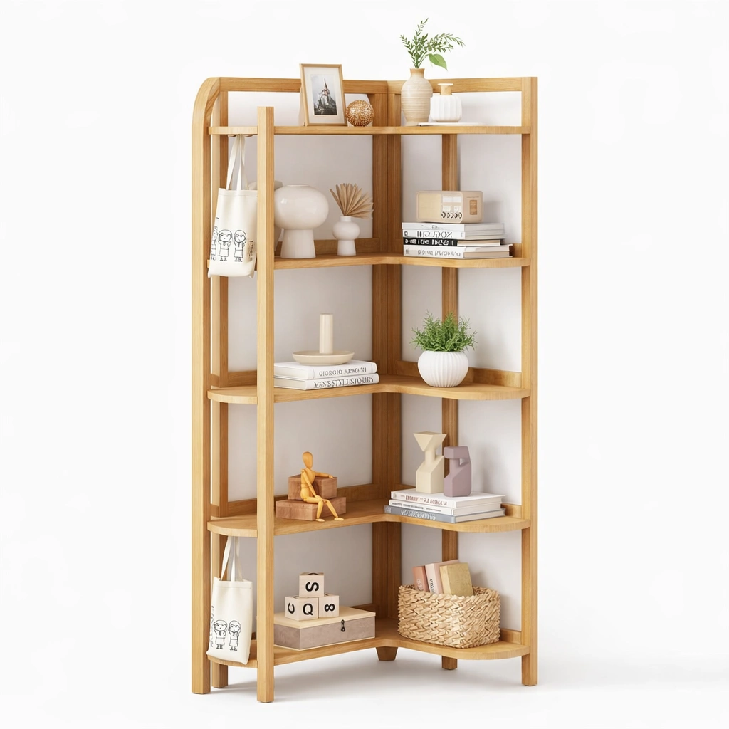 Bibliothque angle bois naturel design compact multifonction-drovaryn