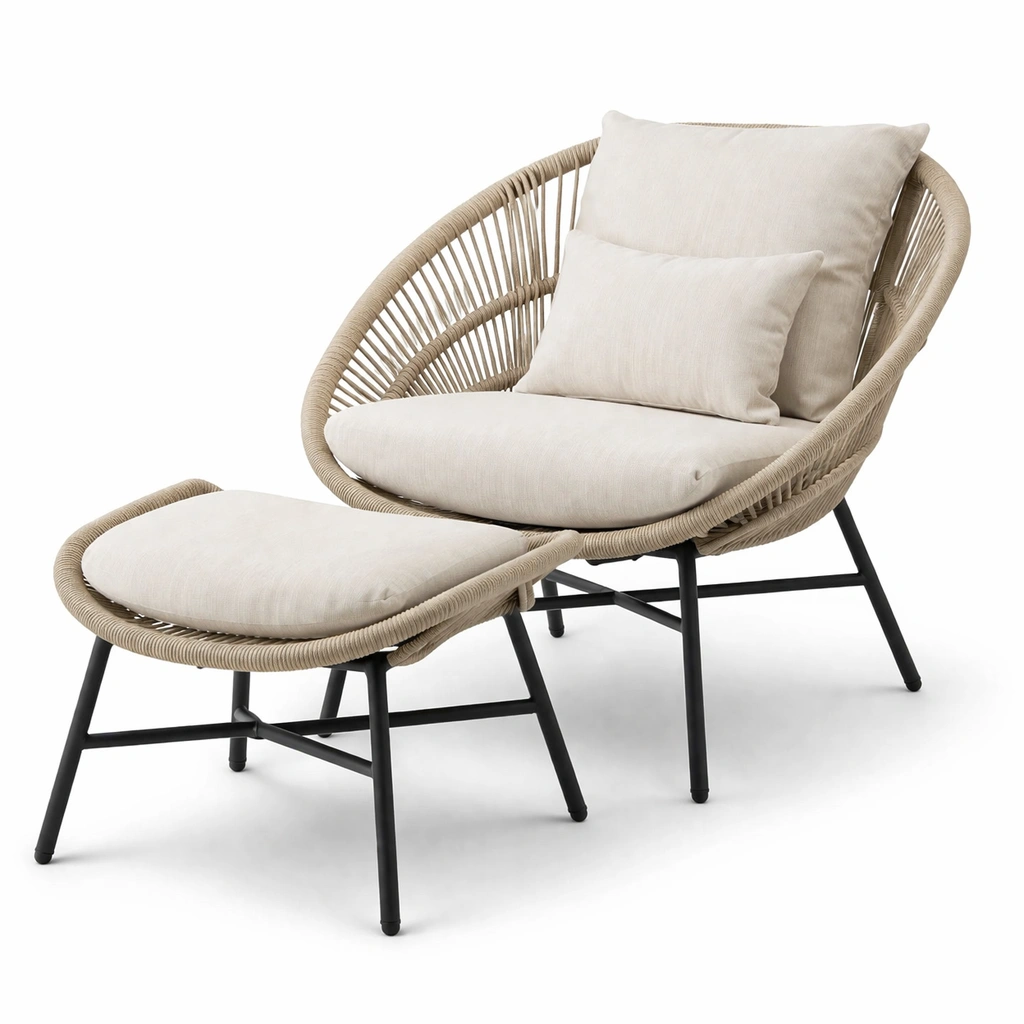 Fauteuil dtente rotin avec repose pieds design arrondi-drovaryn