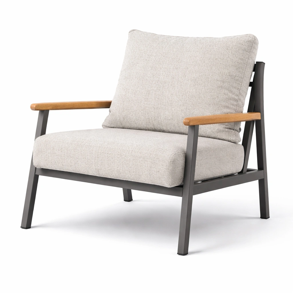 Fauteuil moderne tissu avec accoudoirs bois et structure mtal-drovaryn