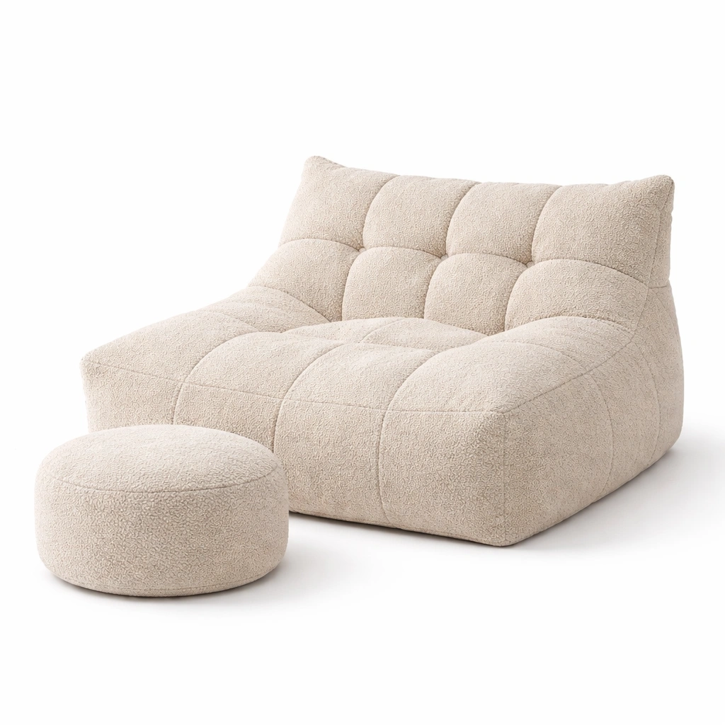 Canap compact tissu boucl avec pouf style minimaliste-drovaryn