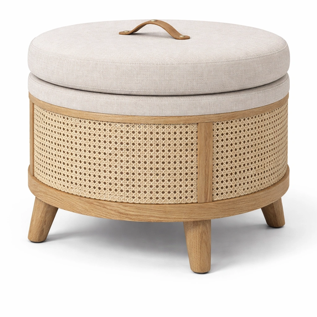 Pouf coffre rond tissu et rotin design naturel-drovaryn