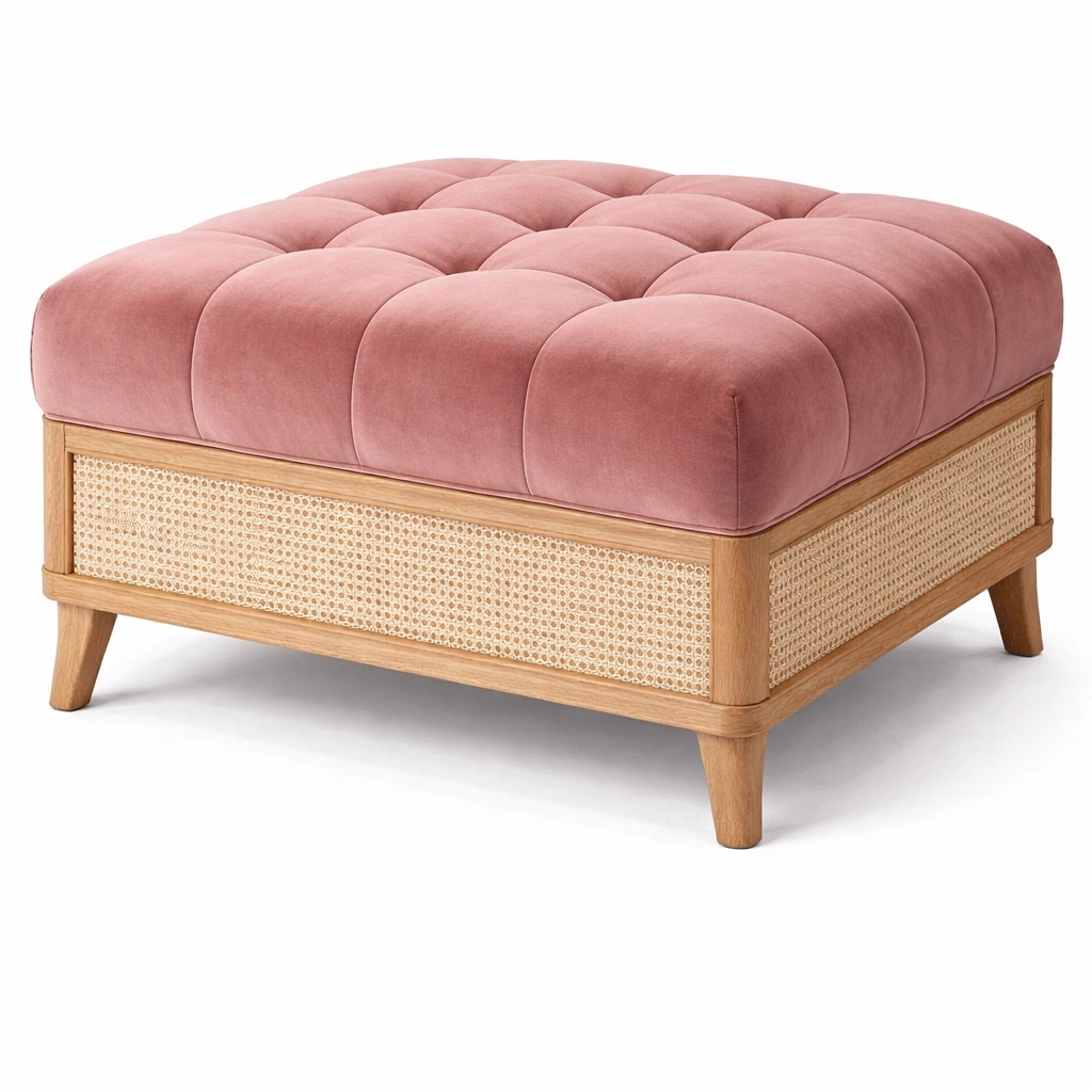 Pouf carr velours capitonn avec structure bois-drovaryn