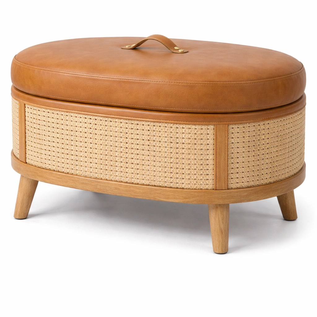 Pouf coffre rond cuir et rotin design contemporain-drovaryn