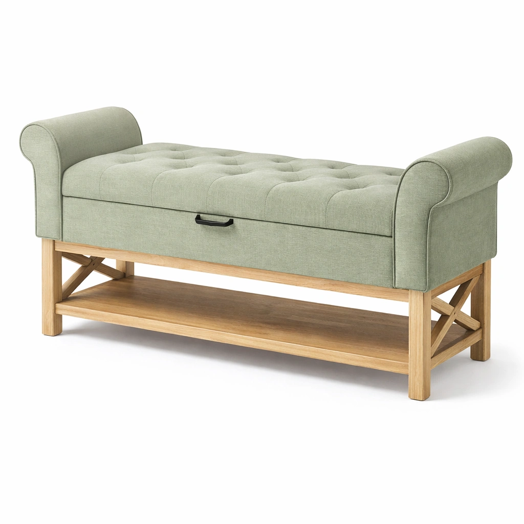 Banquette tissu avec tagre bois design fonctionnel-drovaryn