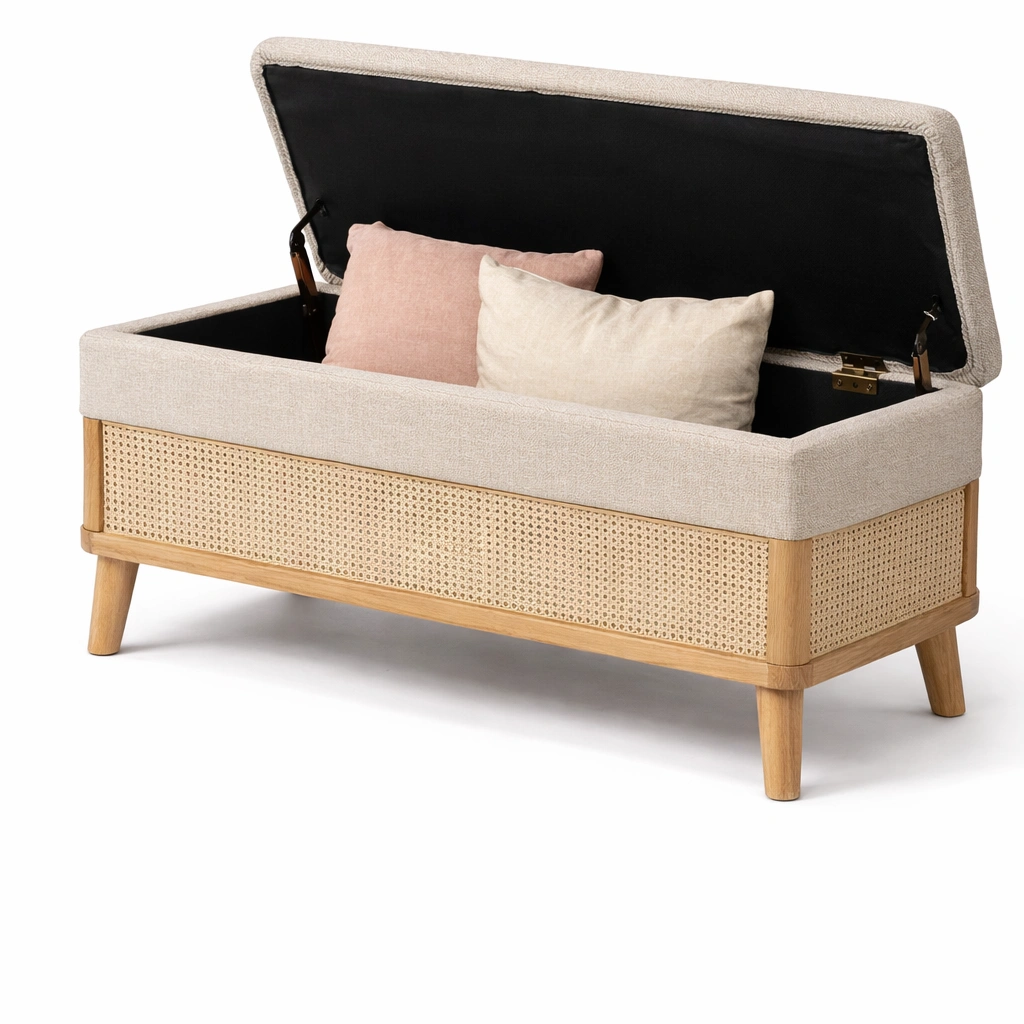 Banquette coffre tissu et rotin avec rangement intgr-drovaryn
